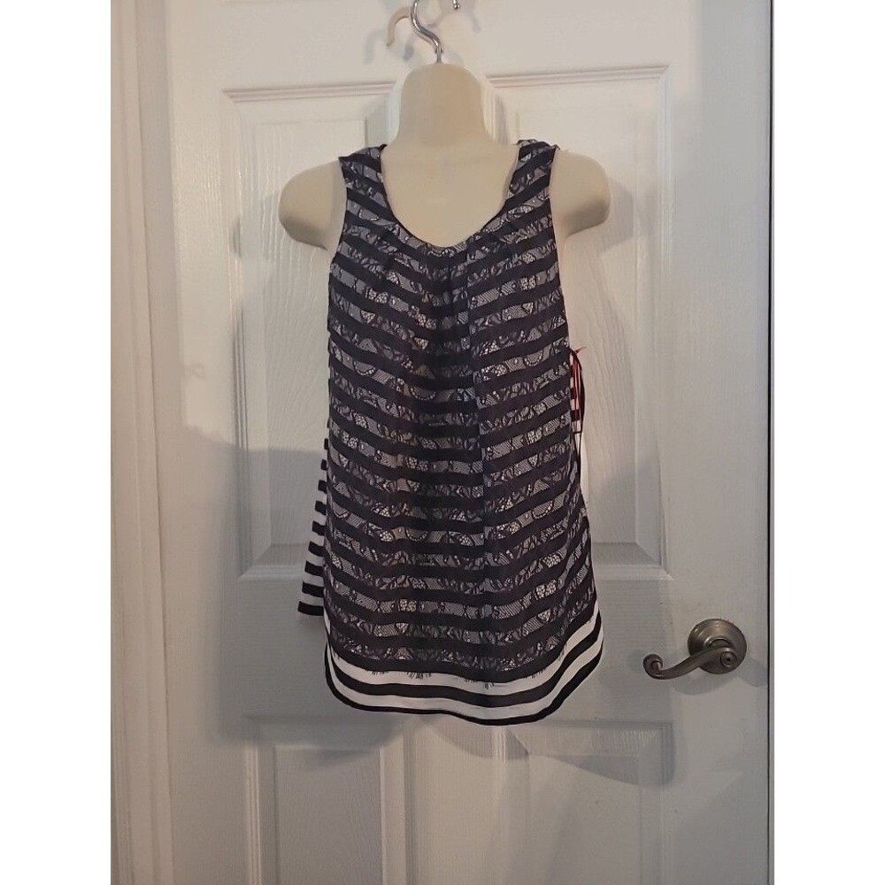 Elle Womans Black White Lace Print Striped Keyhole Back Chiffon Tank Small NEW